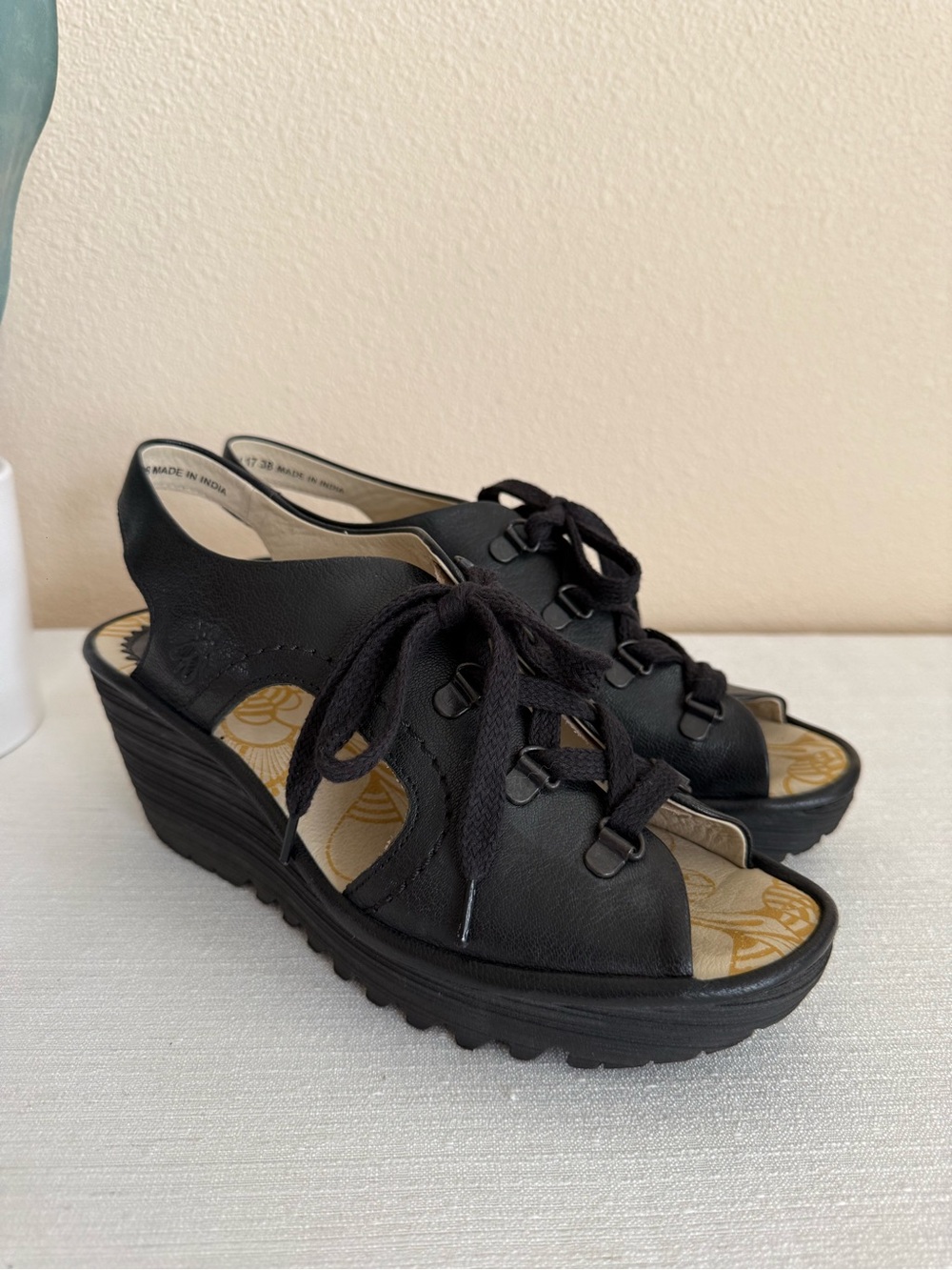 New FLY London Black Lace-Up Wedge Sandals - Women